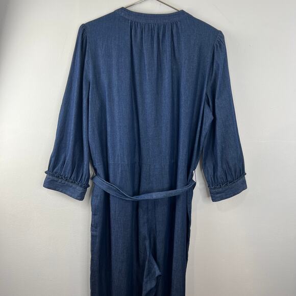 DRAPER JAMES Tie Waist Jumpsuit in Chambray Dark Wash Blue Wide Leg 3/4 Sleeve L - Picture 5 of 9